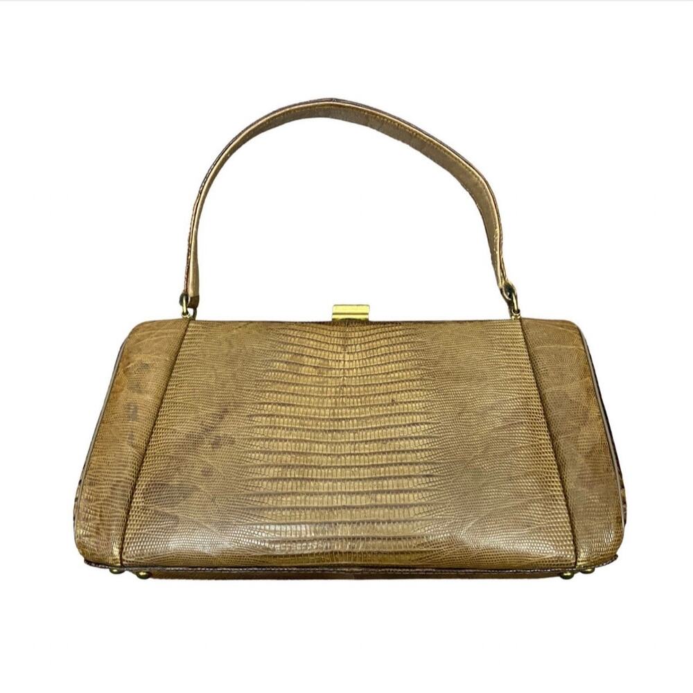 1960s Brown Lizard Leather Handbag Structured Top Handle Mad Men Purse -